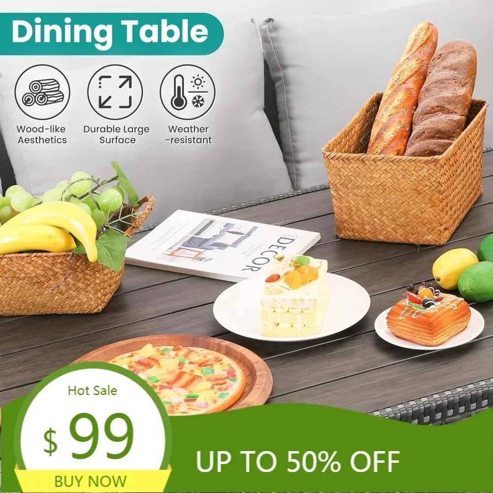 seven-piece outdoor patio furniture set with dining table and chairs, all-weather wicker conversation set including ottoman