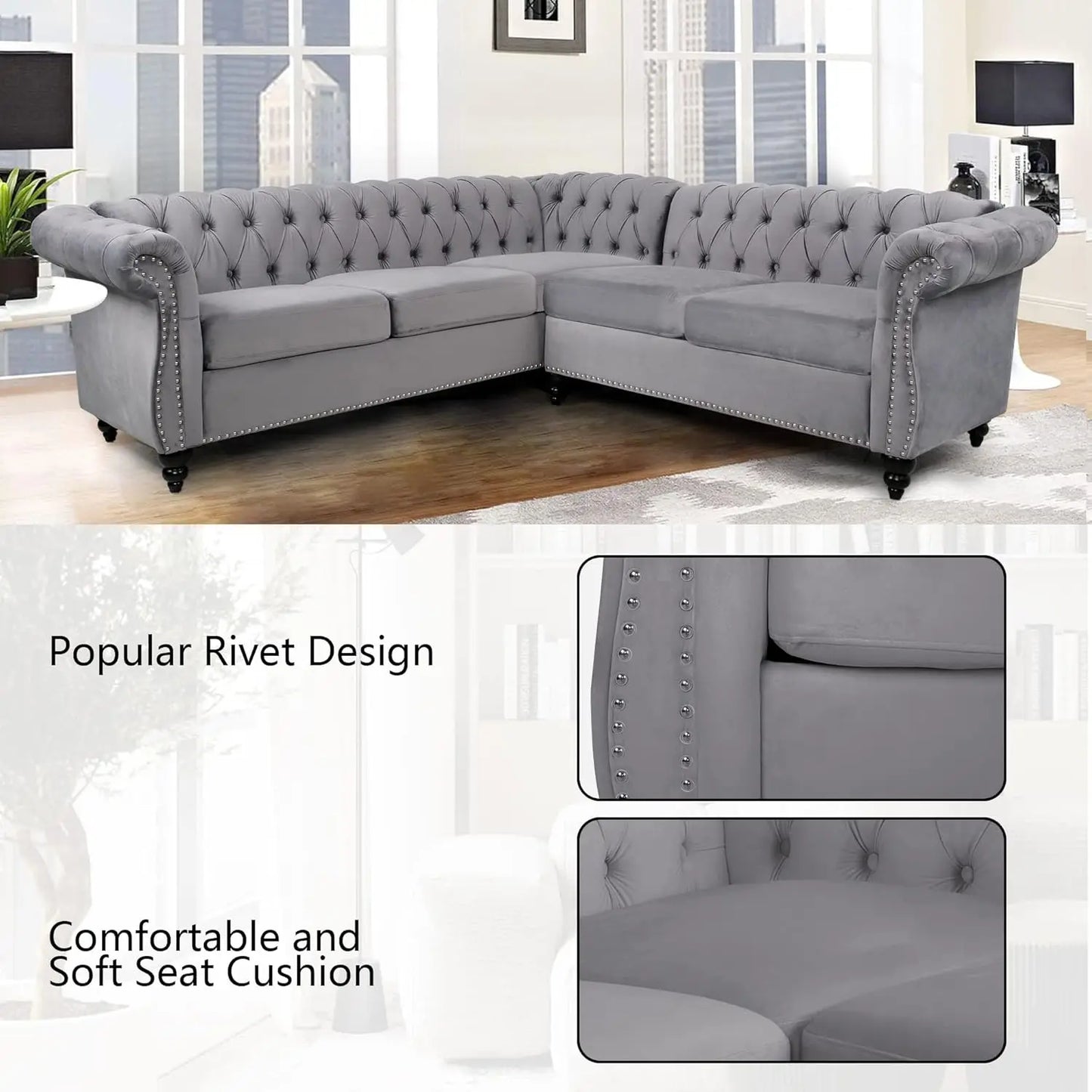 L-Shaped Sofa, Sectional Chesterfield Couch 5-Seater Velvet Upholstered Small Accent Tufted Sofa with Rolled, Customized