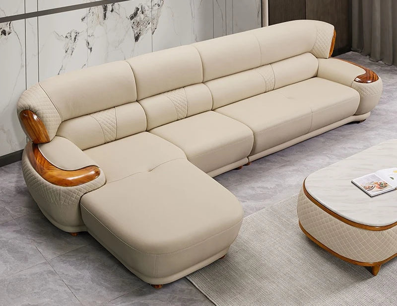 New Chinese ebony leather sofa high-end villa living room leather art home simple solid wood cowhide corner combination