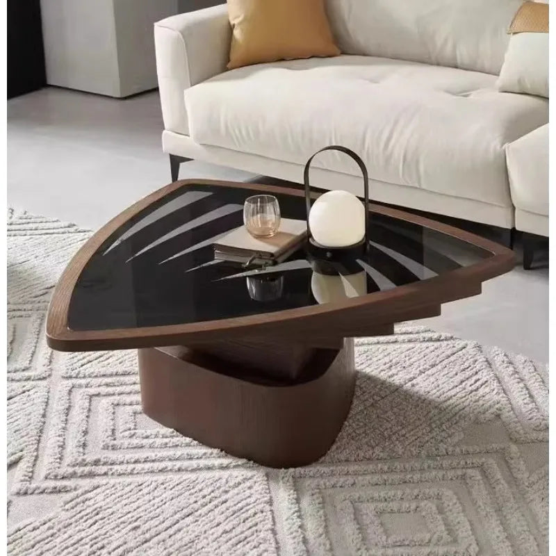 Table basse en verre de Style moderne, forme triangulaire, cadre en bois, Table à thé pour le salon