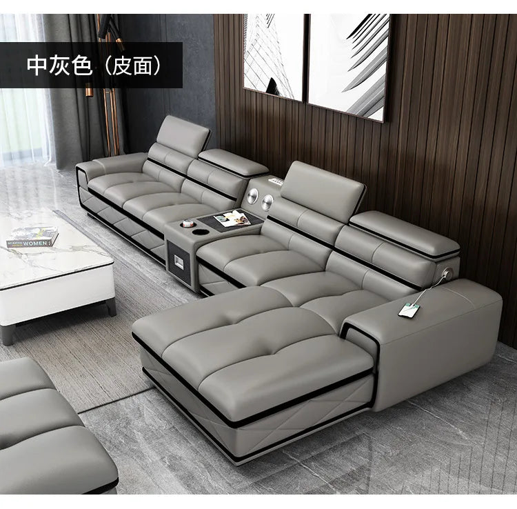 Simple and modern leather sofa combination large apartment living room L-shaped corner function headrest few fully