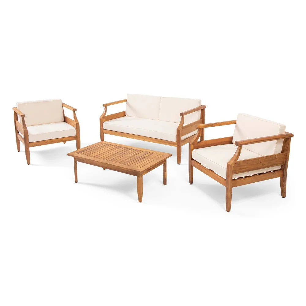 Outdoor Acacia Wood Lounge Armchair with Water Resistant Cushion, Modern Club Chair for Garden Patio Backyard Poolside