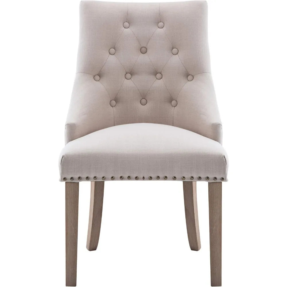 Dining Chair Beige Fabric Leisure Padded Ring Chair, Nailed Trim, Set of 2