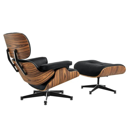 TY307 Classic Recliner with Ottoman Light acid Branch Armchair Black Cowhide Black Big Head Foot Swivel Deck Chair Clean Lines