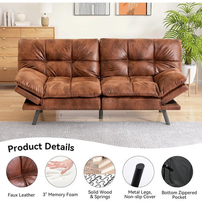 Faux Leather Futon Sofa Bed,Convertible Futon Couch,Memory Foam Loveseat Sleeper Sofa