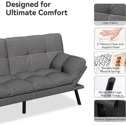 Convertible Sofa Bed with Grey Linen Upholstery, Detachable Cushion, Adjustable Backrest & Armrest, Ideal for Small Recliner Lov