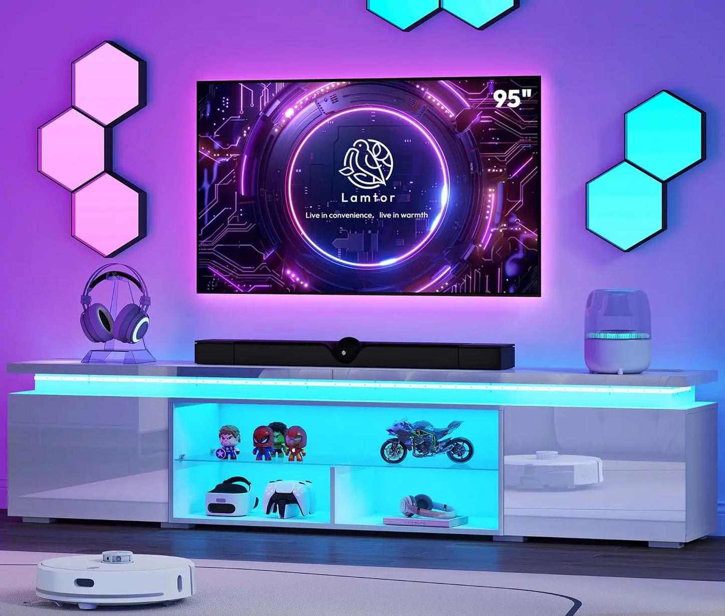 100 Inch TV-Stand - TV Stand for 90 95 100 Inch Televisions- Entertainment Center with Dynamic LED Lights & High Gloss
