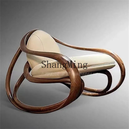 FG black walnut leather balcony lazy chair villa living room leisure solid wood rocking chair