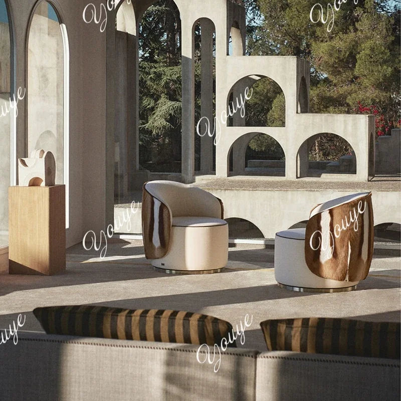 BX Italian Minimalist Light Luxury Leather Sofa Chair Living Room Home High-end Horse Fur Backrest Leisure Chair Stainless Steel