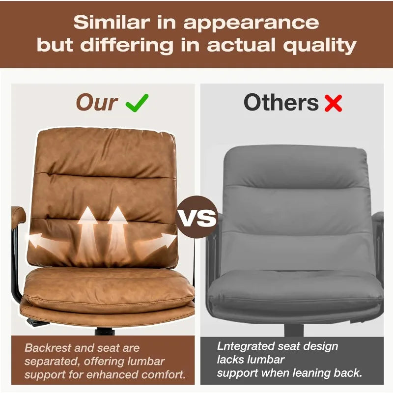 Modern Brown Office Chair，Mid-Back PU Leather Desk Chair with Comfy Arms and Lumbar Support for Small Spaces