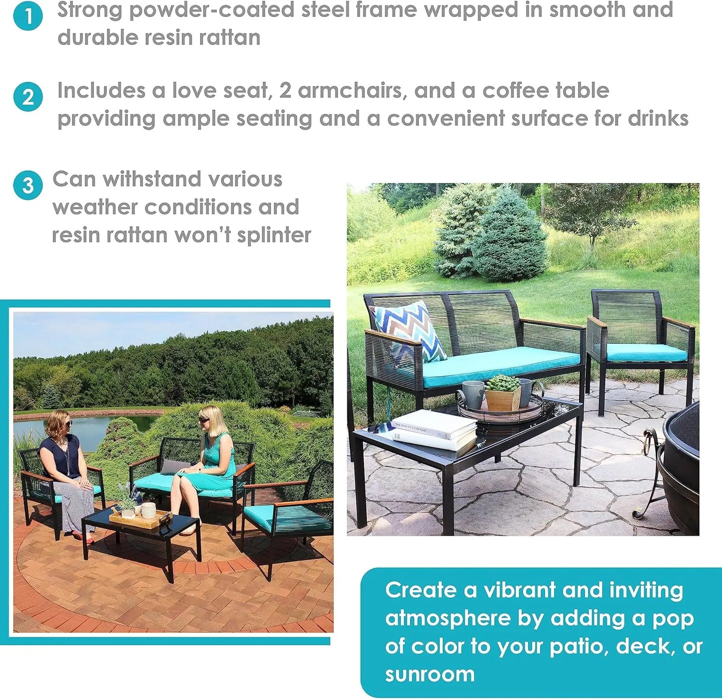 Coachford 4-Piece Patio Conversation Furniture Set - 1 Loveseat, 2 Chairs And 1 Coffee Table - Thick Blue Cushions