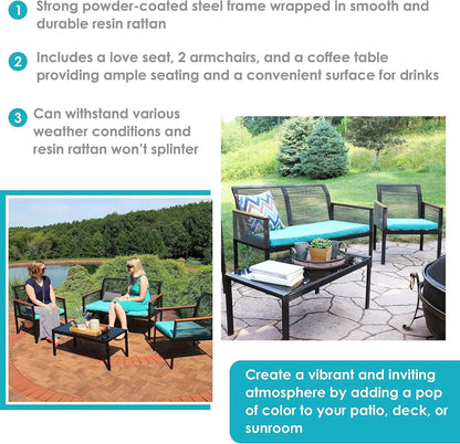 Coachford 4-Piece Patio Conversation Furniture Set - 1 Loveseat, 2 Chairs And 1 Coffee Table - Thick Blue Cushions