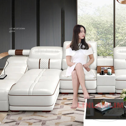 MINGDIBAO Modern Luxury Sectional Sofa Set with Chaise Lounge – Italian Genuine Leather Couch with Speakers, USB Port & Storage