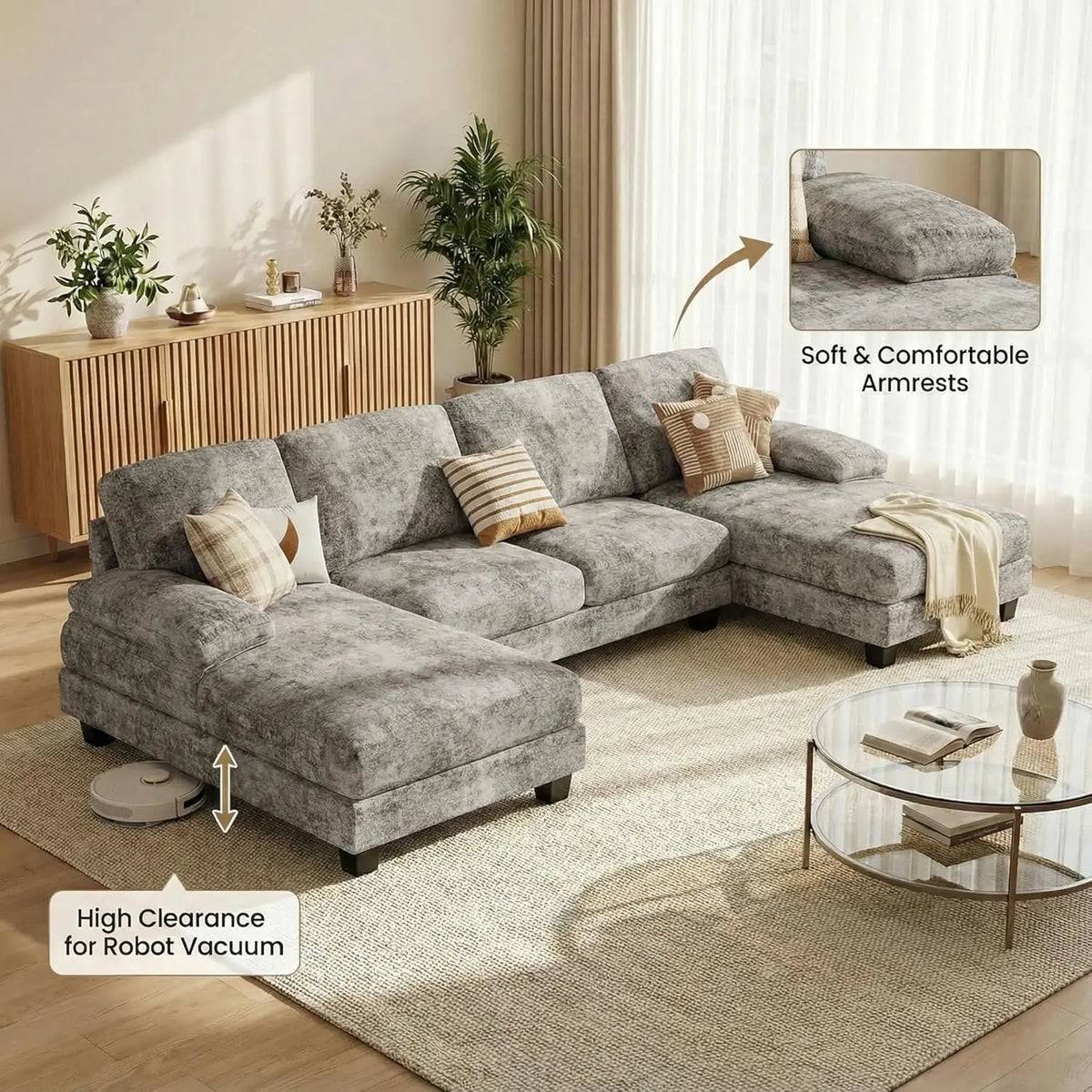 U-shaped Sectional Sofa, Comfortable Chenille Four-seat Sofa Set, with Removable Cushions, Customizable.