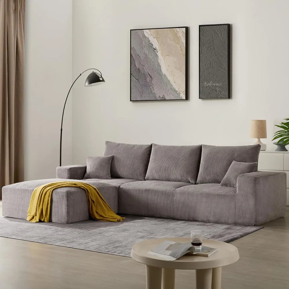 Modern Sectional Sleeper Sofa Bed 3-Seater Grey Lounge Couch Corduroy Convertible Sponge Compression Modular Sofas Chaise Home