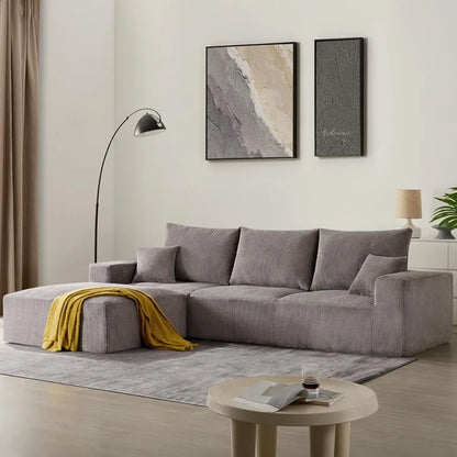 Modern Sectional Sleeper Sofa Bed 3-Seater Grey Lounge Couch Corduroy Convertible Sponge Compression Modular Sofas Chaise Home