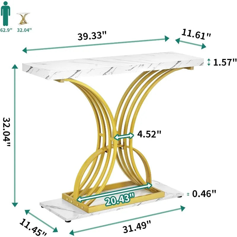 Gold Console Table,40 inch Entryway Tables Narrow Sofa Table for Living Room, Hallway, Faux Marble White