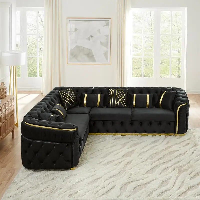 110.5" Luxury Velvet L-Shaped Chesterfield Sofa With Gold Stainless Steel Accents Divano Soggiorno Apartment Furniture Couch