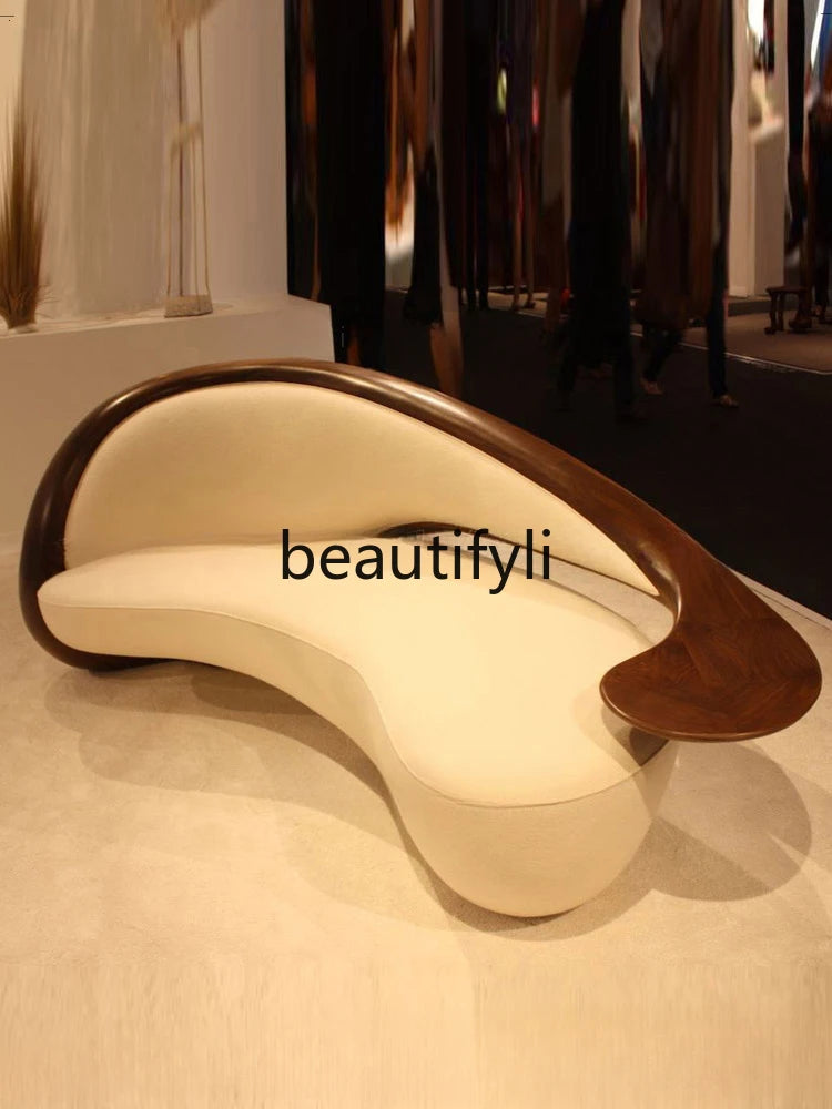 c6601 Wabi-sabi commercial sofa, three-person, curved, solid wood fabric Nordic