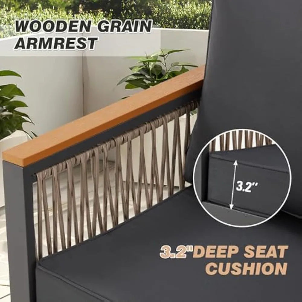 4 Pieces Outdoor Patio Furniture Set with Solid Wood Handrails, Plastic-Wood Balcony Furniture with Wicker Arm Panel, All