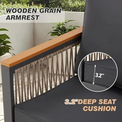 4 Pieces Outdoor Patio Furniture Set with Solid Wood Handrails, Plastic-Wood Balcony Furniture with Wicker Arm Panel, All