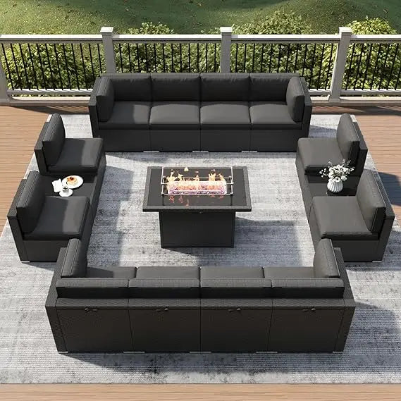 15 Piece Patio Furniture Set with Fire Pit Table, Outdoor Conversation Sets Wicker Rattan Sectional Sofa with Coffee Ta
