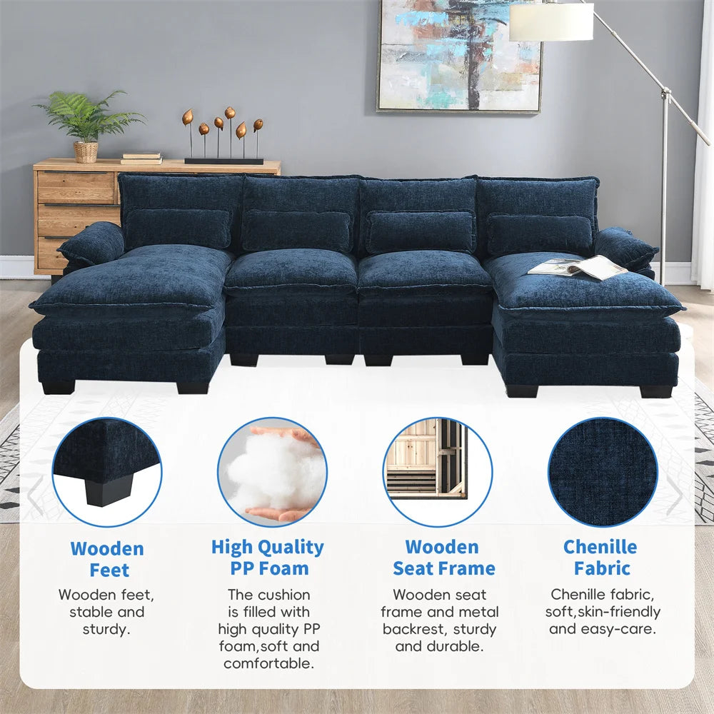 Couch U-shaped Sectional Sofa Japanese Dark Blue Sleeper Sofa  with Waist Pillows Double Chaise Lounge for Living Room Apartment