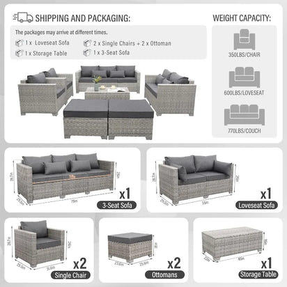 Patio Furniture Set Gray Rattan 7 Pieces Outdoor Sectional Sofa PE Wicker Conversation Chairs with Storage Table and Non-