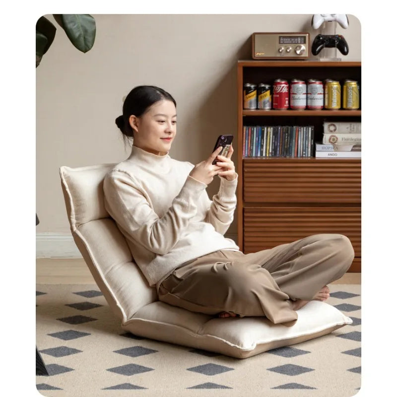 Folding Lounge Chair Cream Lazy Recliner Padded Backrest Compact Foldable Chair for Bedroom Balcony Living Room Furniture