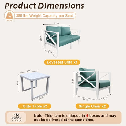 MBY 6-Piece Oversized Aluminum Patio Furniture Set–White Outdoor Conversation Sofa Set with Coffee Table, Deep Seating