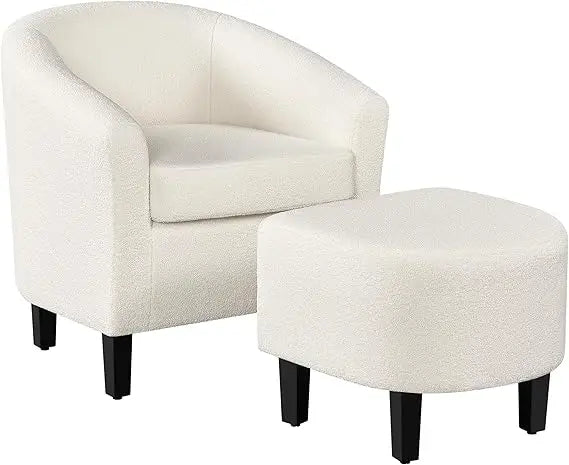 Modern Sherpa Accent Chair and Ottoman Set, Plush Barrel-Shaped Armchair with Footrest for Lounge Areas
