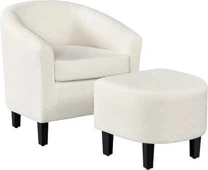 Modern Sherpa Accent Chair and Ottoman Set, Plush Barrel-Shaped Armchair with Footrest for Lounge Areas