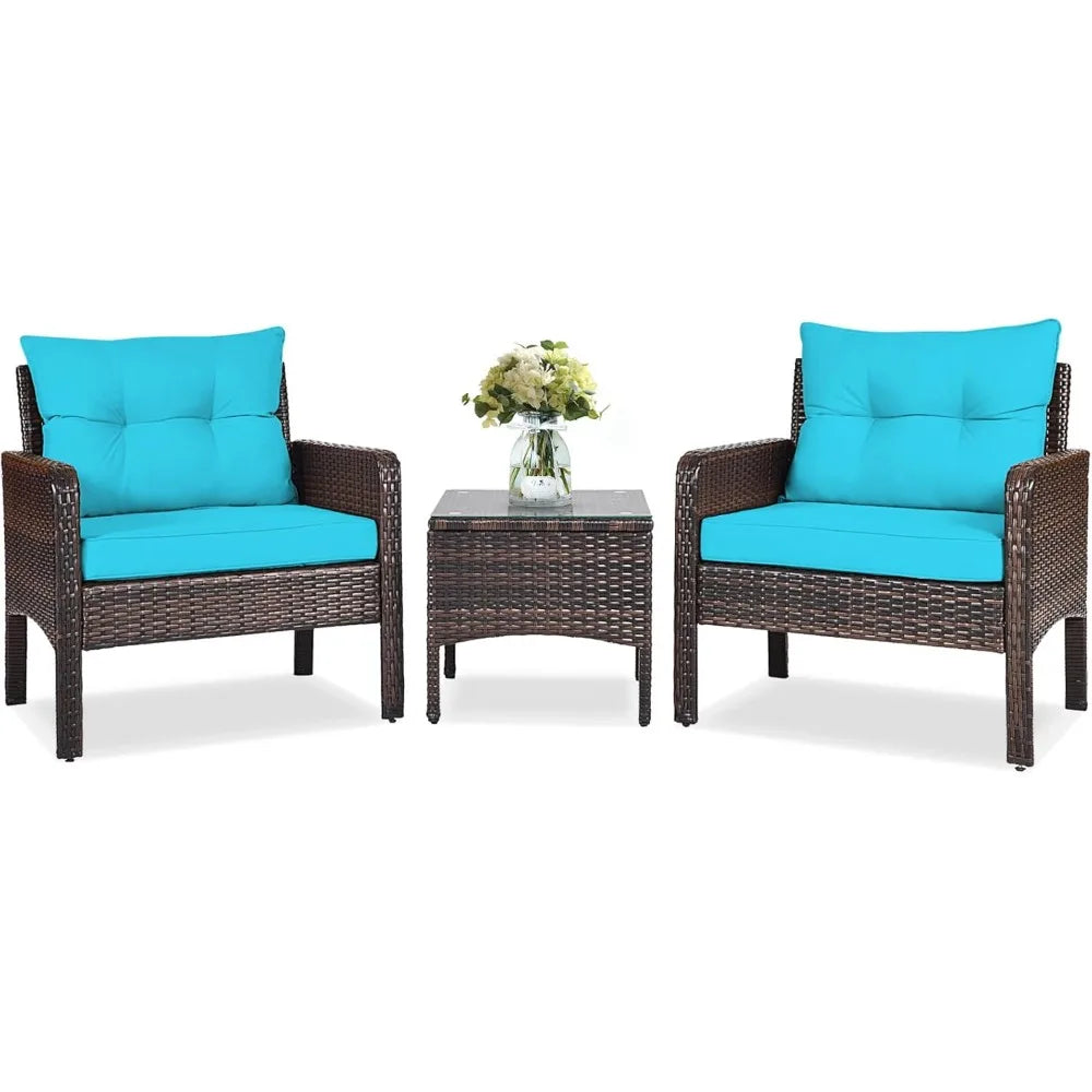 3-Piece Patio Furniture Set, PE Rattan Wicker Outdoor Conversation Set w/Glass Top Coffee Table & Thick Cushions.