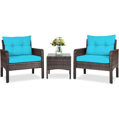 3-Piece Patio Furniture Set, PE Rattan Wicker Outdoor Conversation Set w/Glass Top Coffee Table & Thick Cushions.