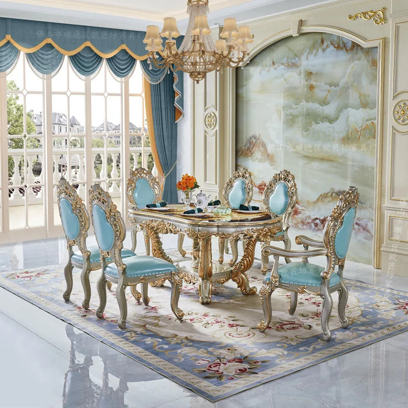Solid wood dining table and chair combination size household, European style, carved