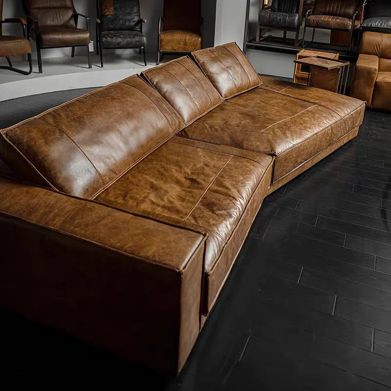 Classic retro style living room Budapest sofa, second-hand bed and breakfast oil wax leather special-shaped sofa