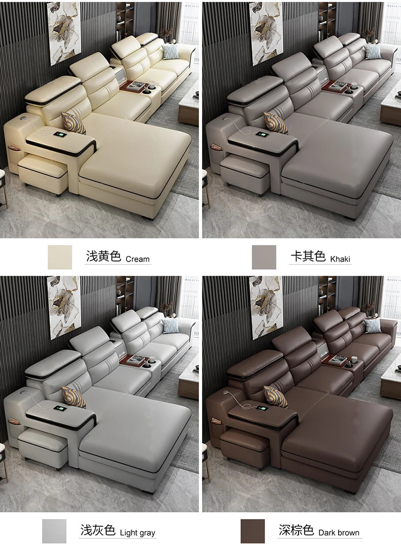 Genuine Leather Sofa Cowhide Modern Wireless Charging Smart Audio Sofa Living Room Corner Combination Divano Home Furniture