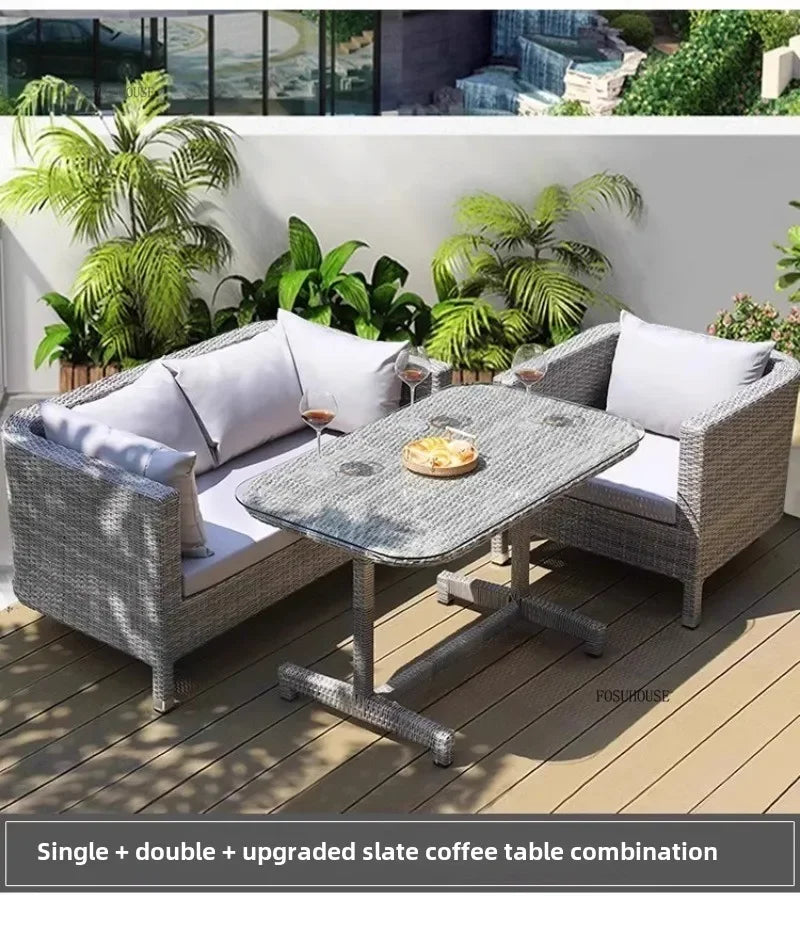 Nordic Outdoor Garden Sofas Leisure PE Rattan Garden Terrace Sofa Chair Set Courtyard Balcony Double Sofa Outdoor Furniture GG A