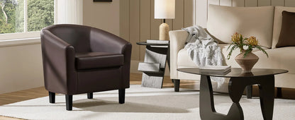 Leather Club Chair, Faux Leather Accent Chair, Modern Living Room Armchair with Wood Legs and Padded Seat for Bedroom Reception