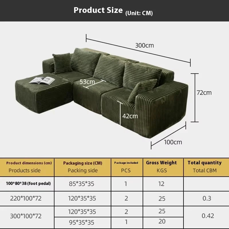 Integrated Sponge Frameless Corduroy Tofu Block Compression Sofa Fabric Set Vacuum Compression Boneless Feature