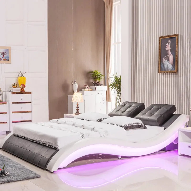 Bedroom furniture leather bed with blue led lights and music therapy bed A021