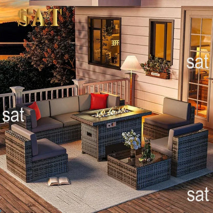 /Outdoor Patio Furniture 8 Pieces Set with 40" Fire Pit Table, Wicker Rattan Sectional Conversation Set with Coffee Table
