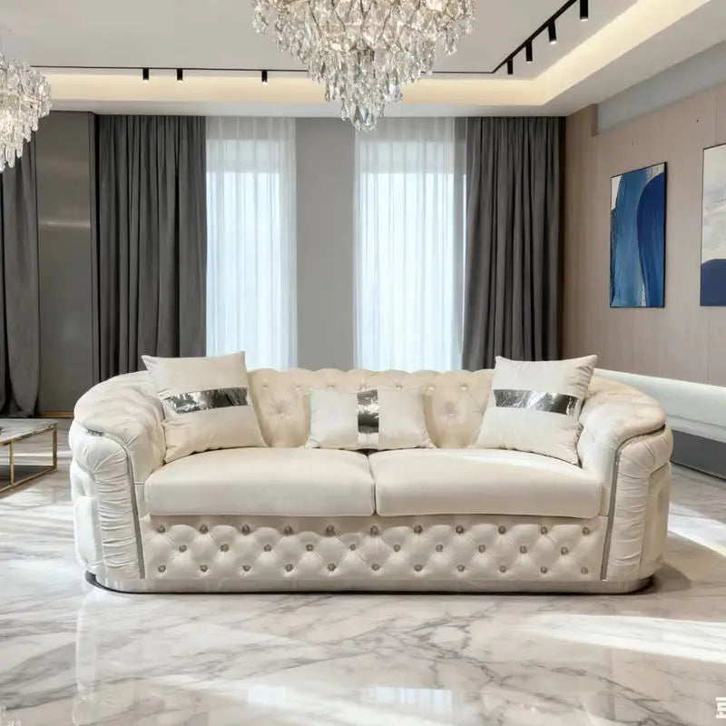 Factory direct sales European luxury rose gold legs white chesterfield sofa velvet fabric button tufted living room sofa