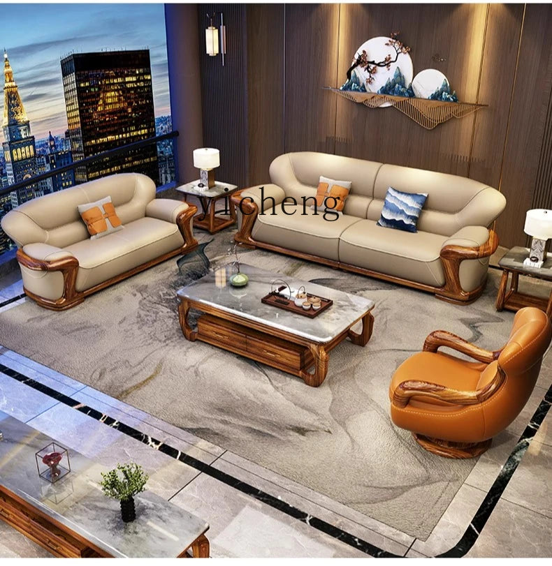 TQQ new Chinese ebony sofa villa large flat solid wood sofa high-end living room furniture leather sofa