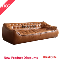 Oil Wax Leather French Retro Small Apartment Straight Row Leather Sofa Living Room Sofa