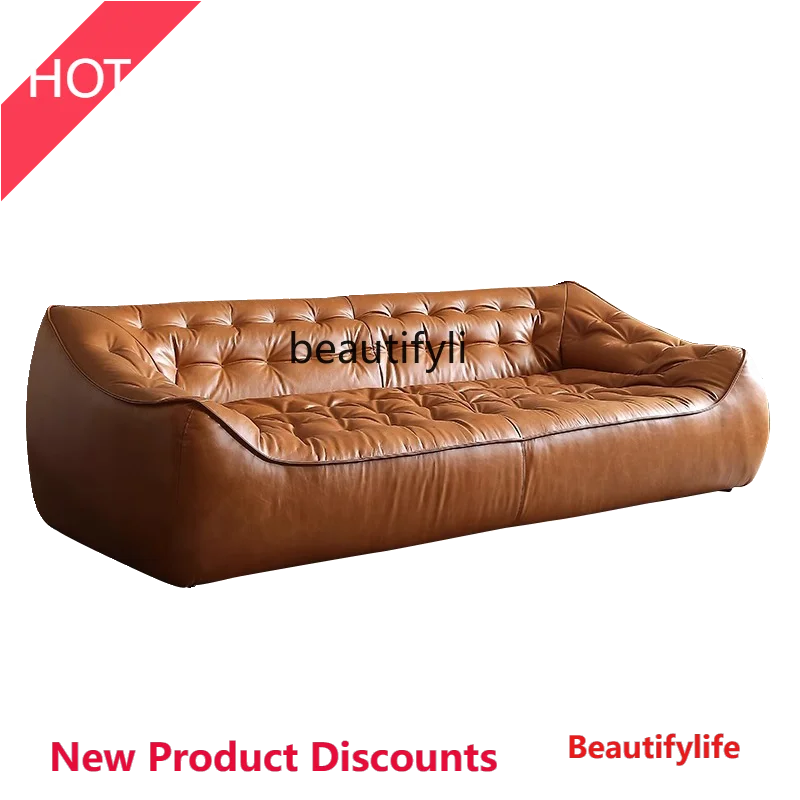 Oil Wax Leather French Retro Small Apartment Straight Row Leather Sofa Living Room Sofa