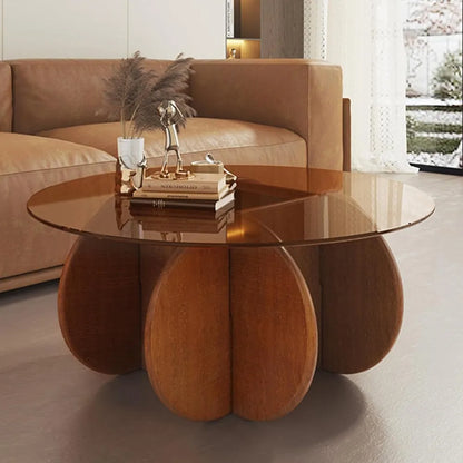 Table basse ronde moderne avec pieds en bois massif, tables basses en verre de 31.5 pouces pour salon, Table de Cocktail centrale circulaire rustique