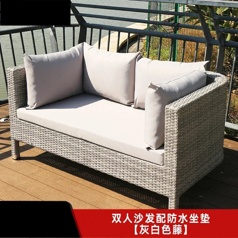 Nordic Outdoor Garden Sofas Leisure PE Rattan Garden Terrace Sofa Chair Set Courtyard Balcony Double Sofa Outdoor Furniture GG A