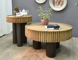 New arrivals pastoral style living room furniture rustic round wood carved coffee table with 3 legs