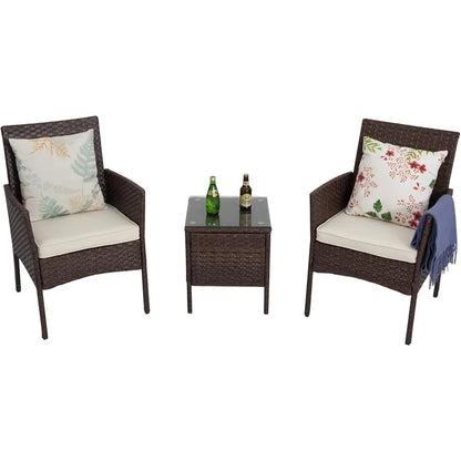 3 Piece Outdoor Rattan Patio Porch Furniture Sets,Wicker Chairs with Table,Garden Lawn Pool,Brown